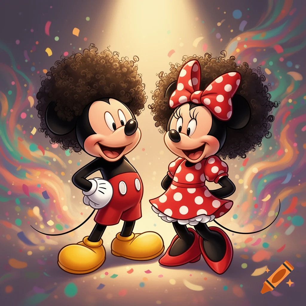Cartoon Mickey Mouse and Minnie Mouse with afro hairstyles smiling amidst colorful confetti.
