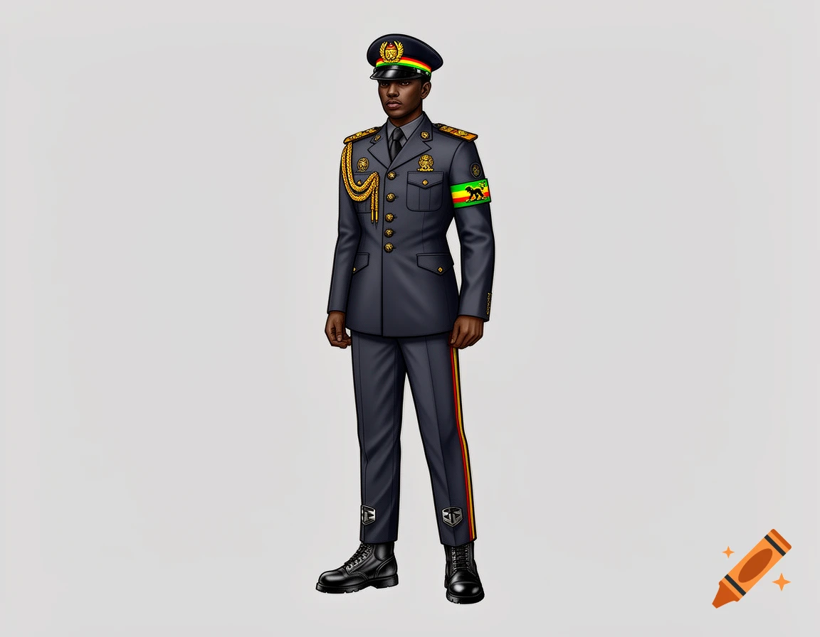 A man in a dark blue military-style uniform with gold epaulets, a red, yellow, and green armband, and matching pants stripe, wearing a cap and black boots.