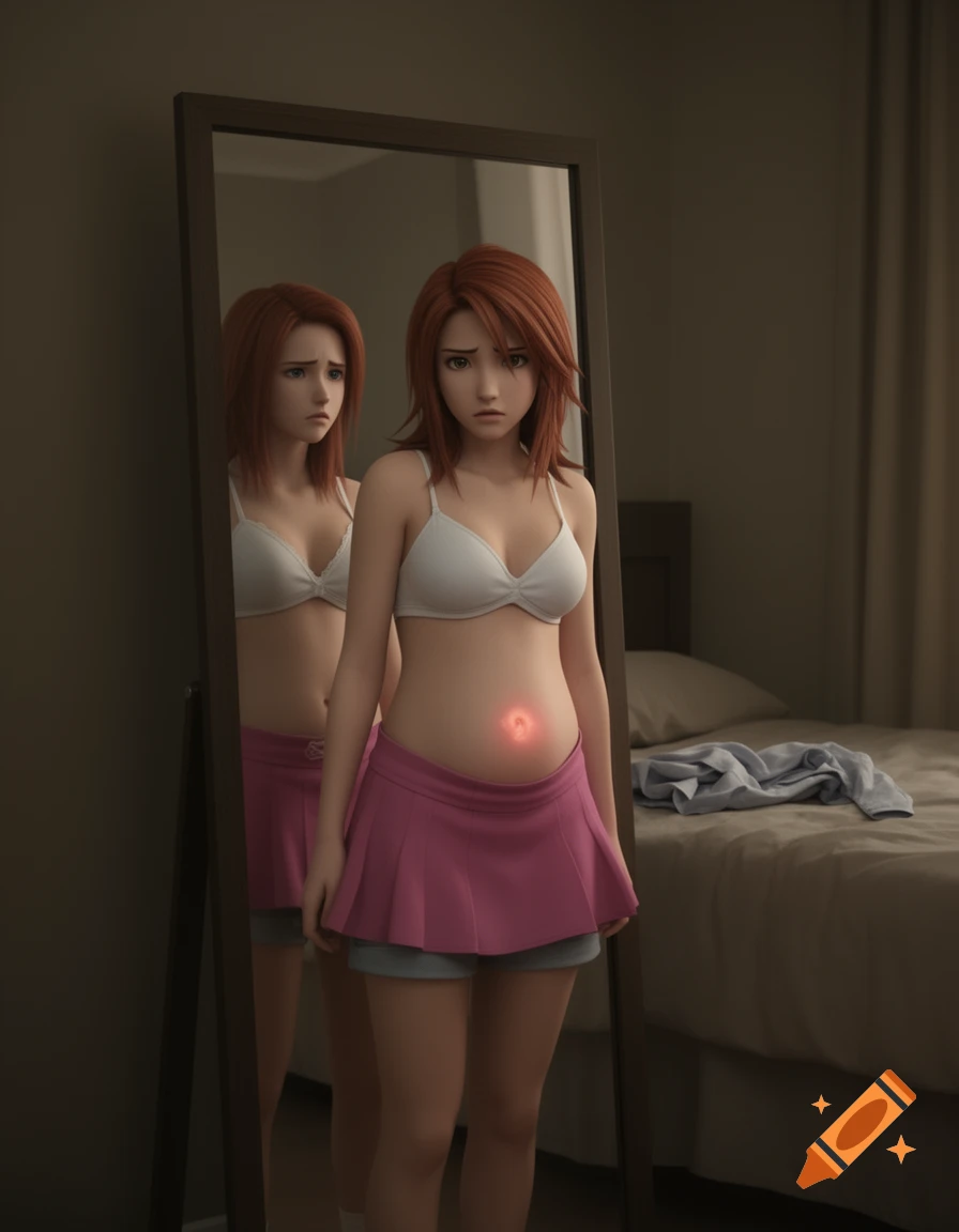 Red-haired anime-style woman, Kairi, in a white bra and pink skirt, looks concerned at her glowing pregnant stomach in a mirror inside a bedroom.