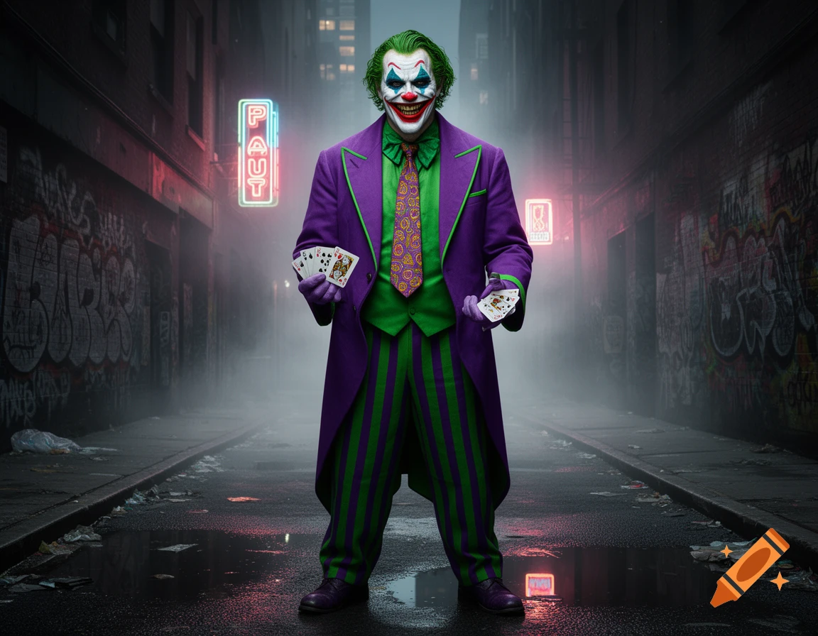 The Joker in a purple and green suit, holding playing cards, stands in a foggy, graffiti-covered alley at night.
