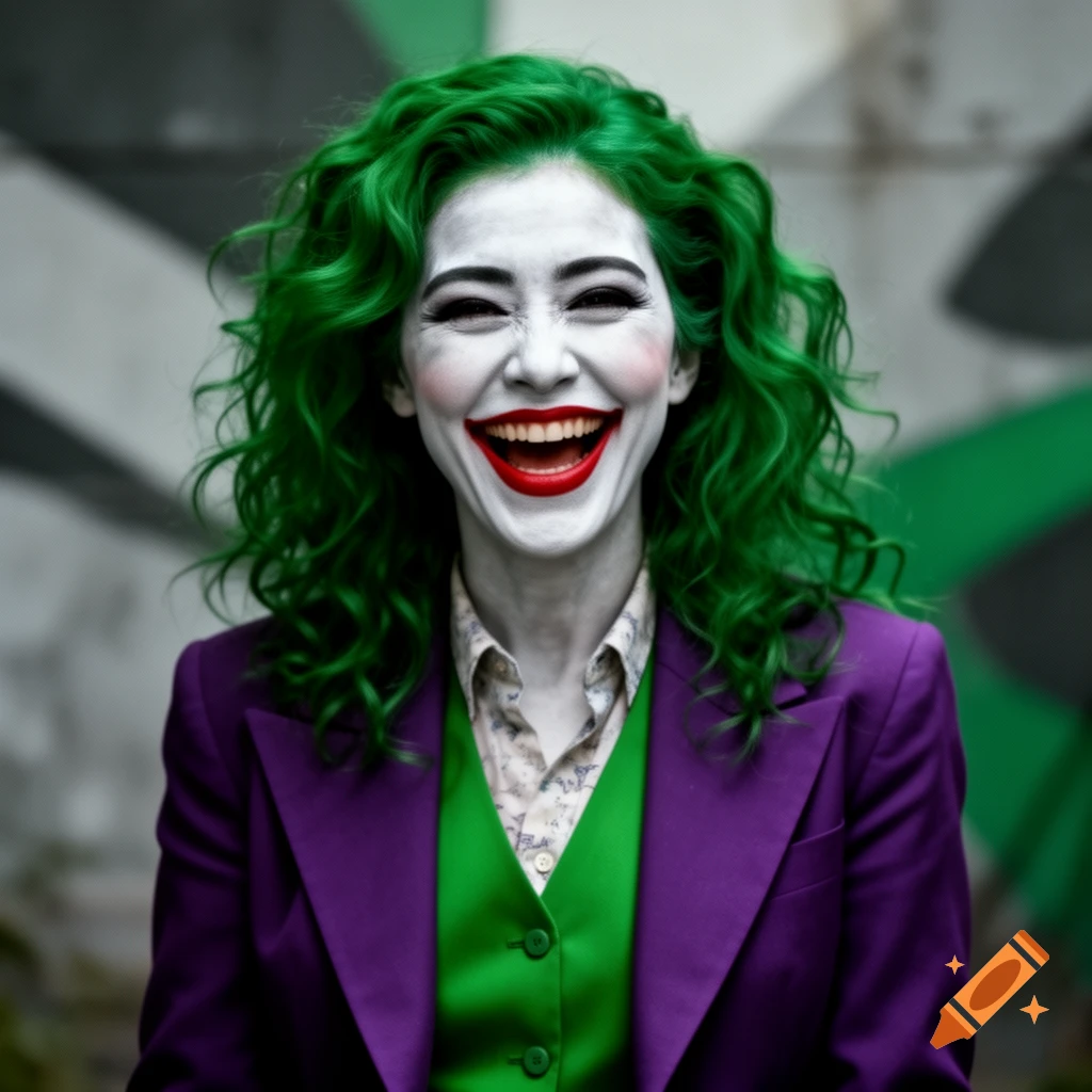 Photorealistic portrait of a woman in Joker makeup, with bright green hair, white face, red lips, and a purple suit, laughing.