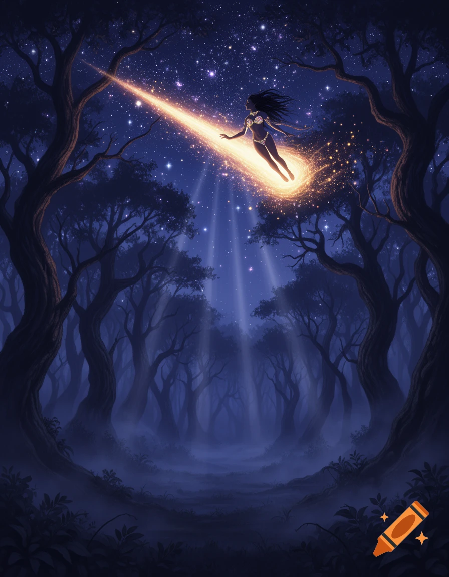 Fantasy art of a witch riding a glowing comet through a dark, magical forest under a starry night sky.