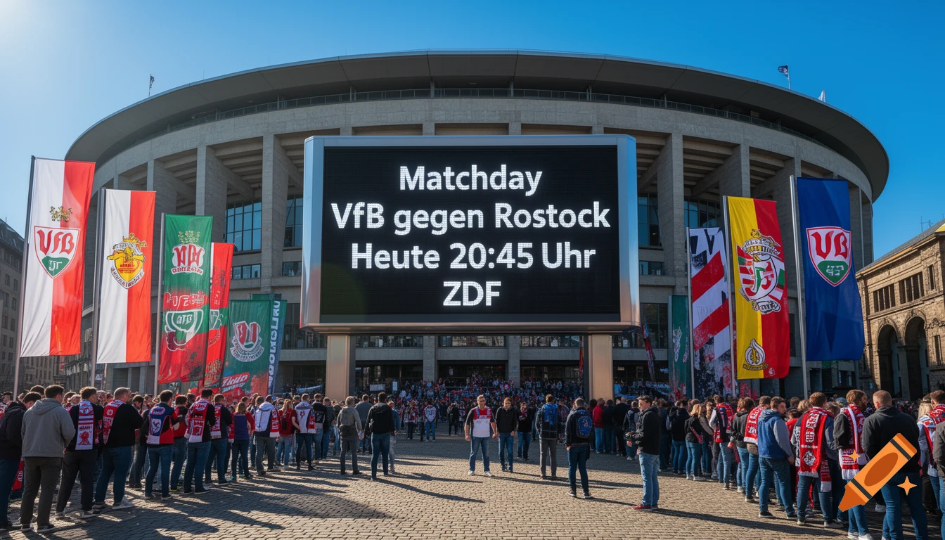 A large crowd of football fans outside a stadium with a digital scoreboard showing 'Matchday VfB gegen Rostock' under a sunny sky.