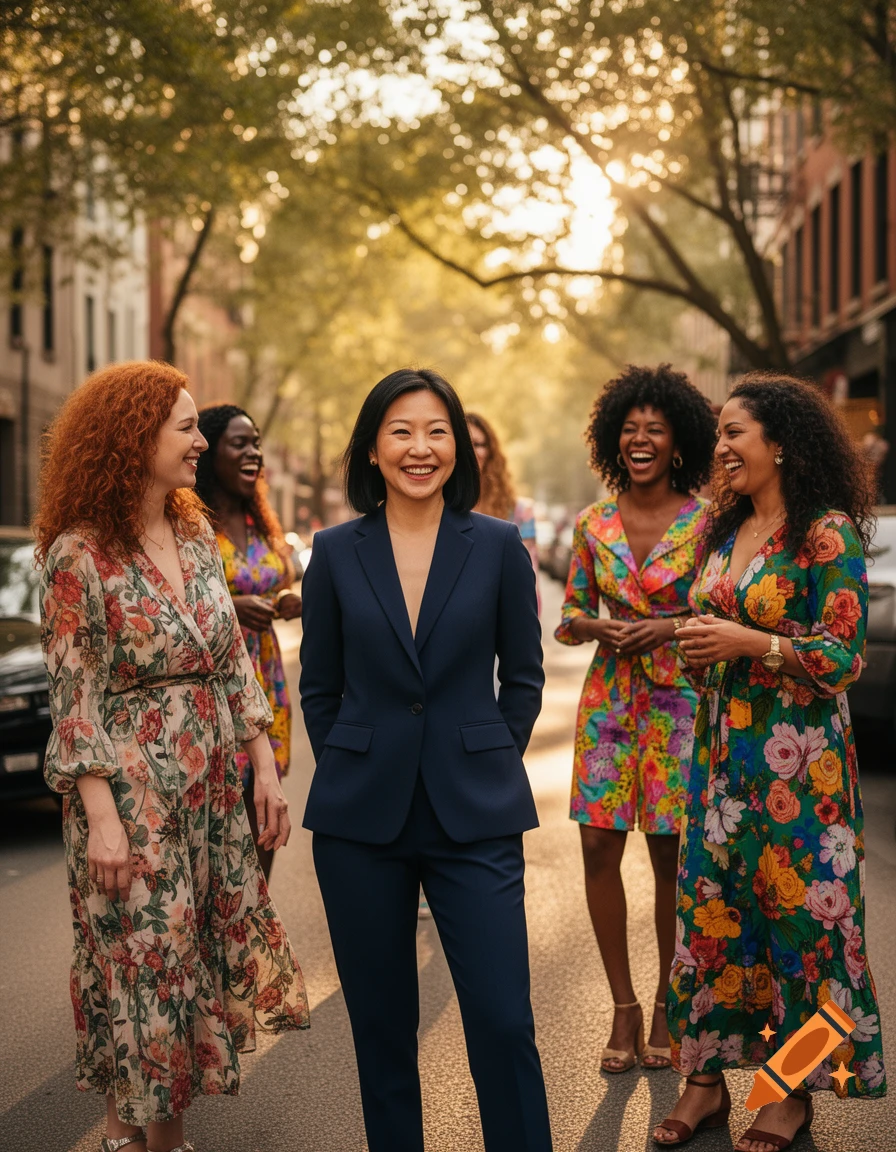 A group of diverse women smiling and walking down a sunlit city street, some in floral dresses, one in a navy suit.