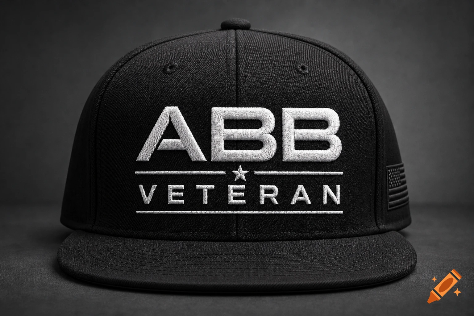 Close-up of a black baseball cap with 'ABB VETERAN' embroidered in white, featuring a subtle American flag on the side.