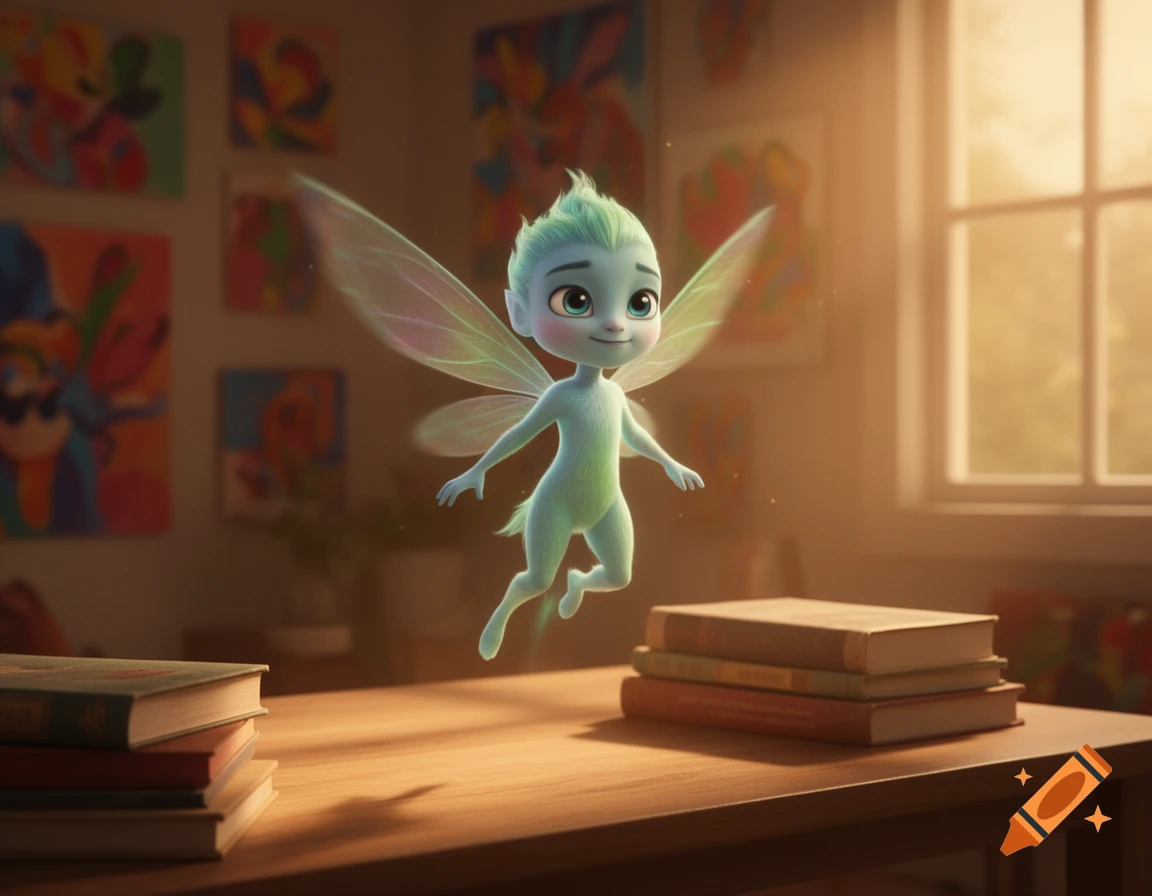 A cute, light green fairy with transparent wings floats in a sunlit room with abstract paintings and books on a desk, cartoon style.