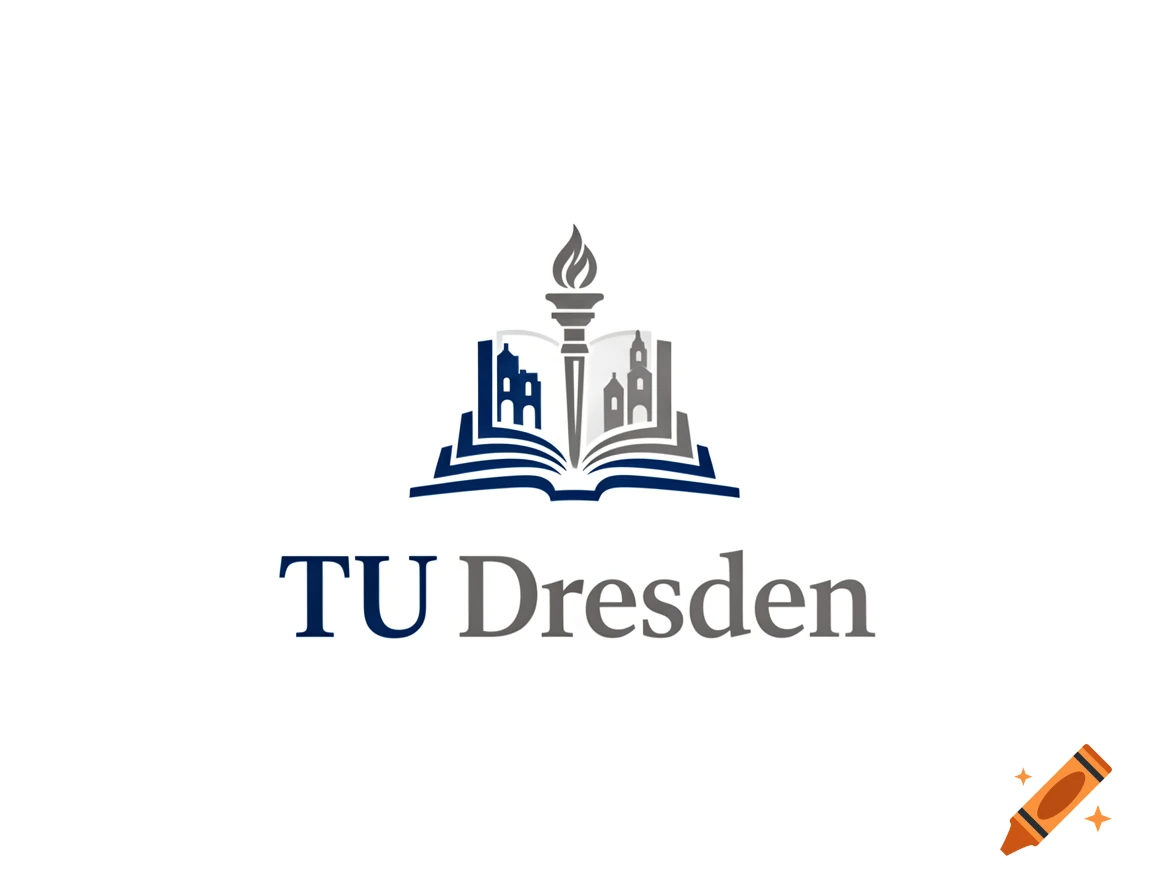 Logo for TU Dresden, featuring an open book with university buildings and a torch.
