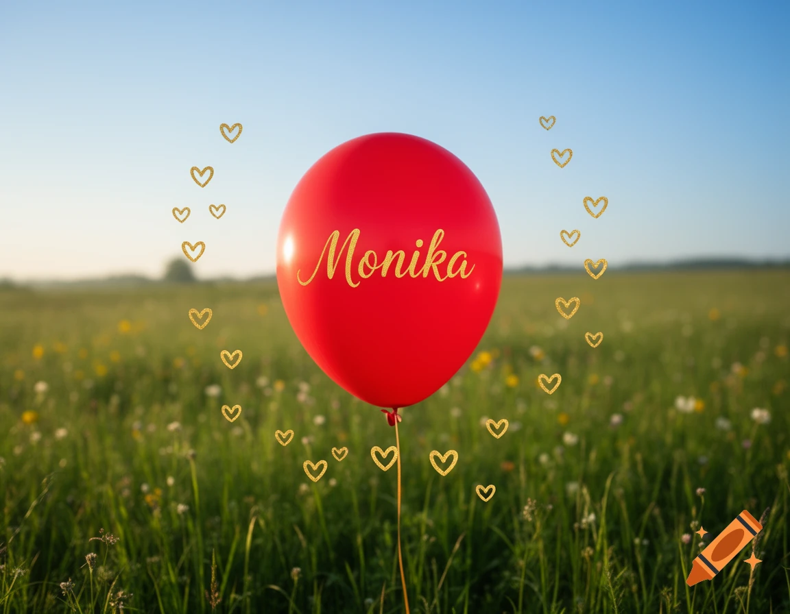 A red balloon with 'Monika' written in gold, floating over a green field under a clear sky, surrounded by small gold hearts.