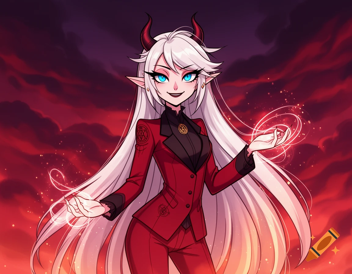 Anime-style demon girl with white hair, red horns, and blue eyes in a red suit, conjuring magic against a fiery red sky.