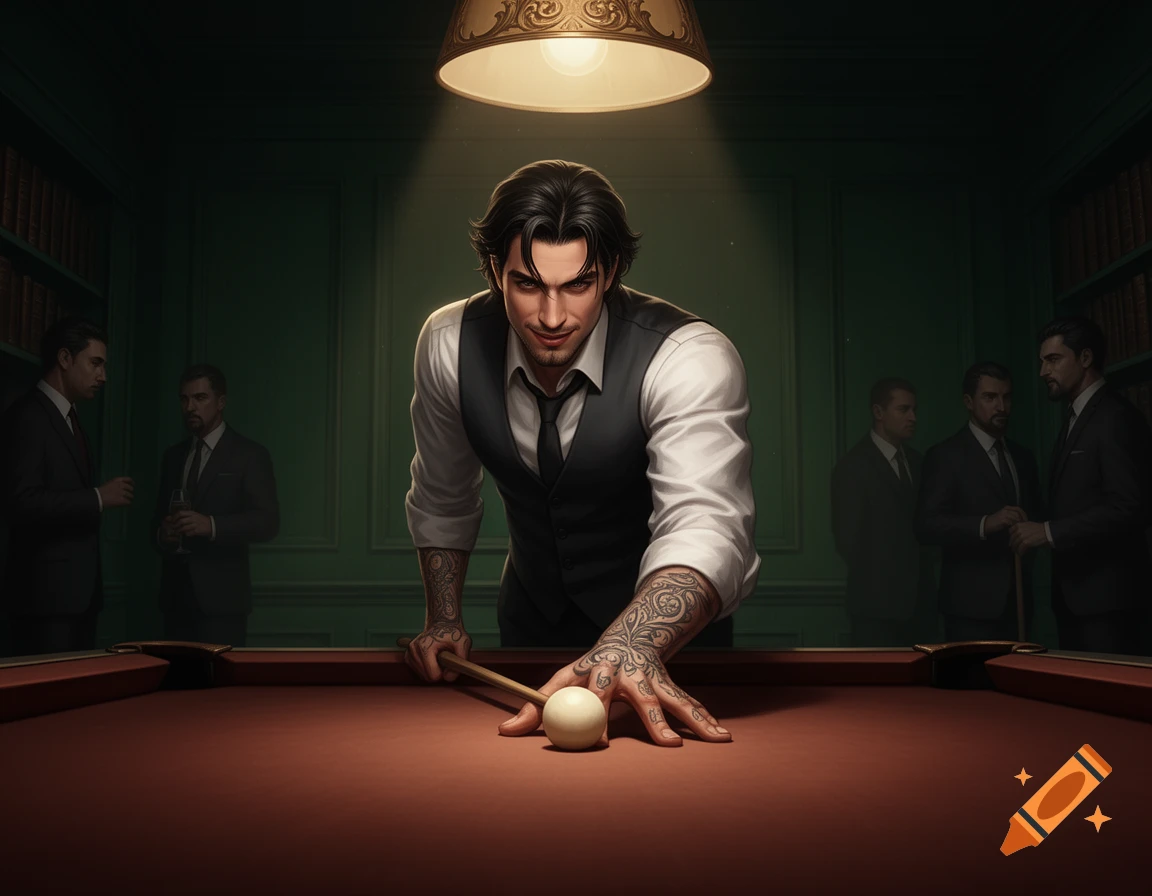 A man with tattooed hands playing pool under a warm lamplight, others watch in a dimly lit, pine-green room.