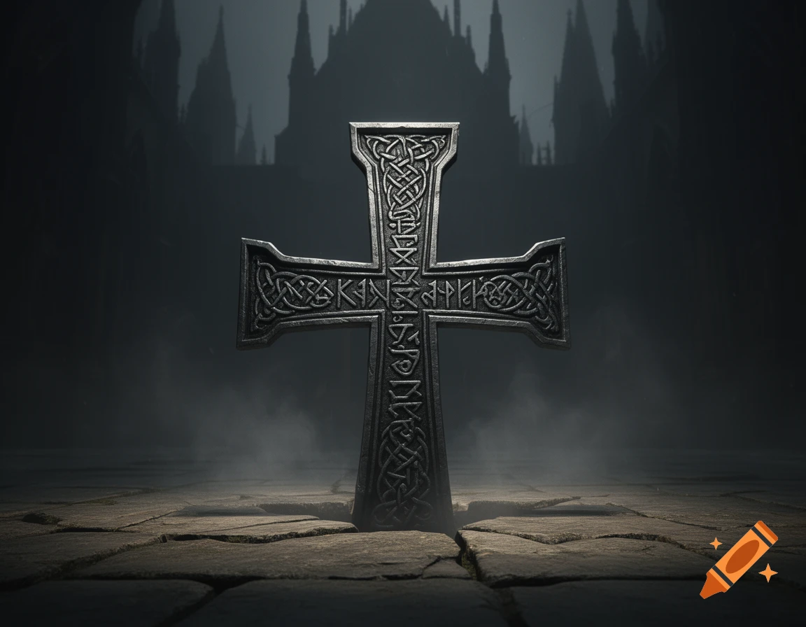 A detailed, heavy iron cross adorned with Celtic knot patterns and pseudo-runes, stands on cracked stone ground amid atmospheric fog, with a dark, silhouetted castle in the background.