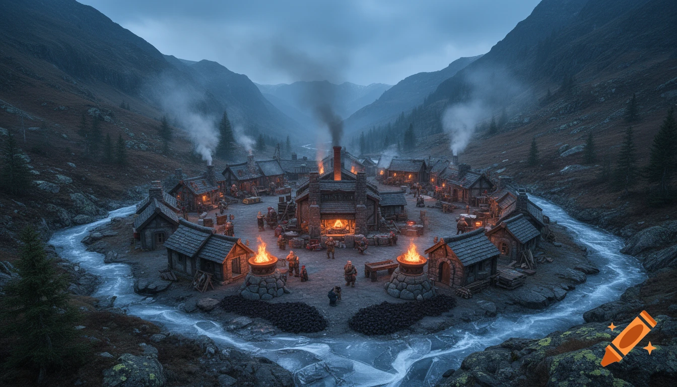 A fantasy mountain village nestled in a valley at dusk, with glowing forges and homes encircling a central building, and a river flowing around it.
