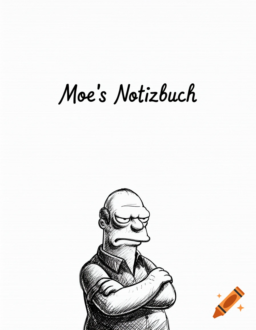 Black and white cross-hatching sketch of grumpy Moe Szyslak from The Simpsons, with 'Moe's Notizbuch' text above.