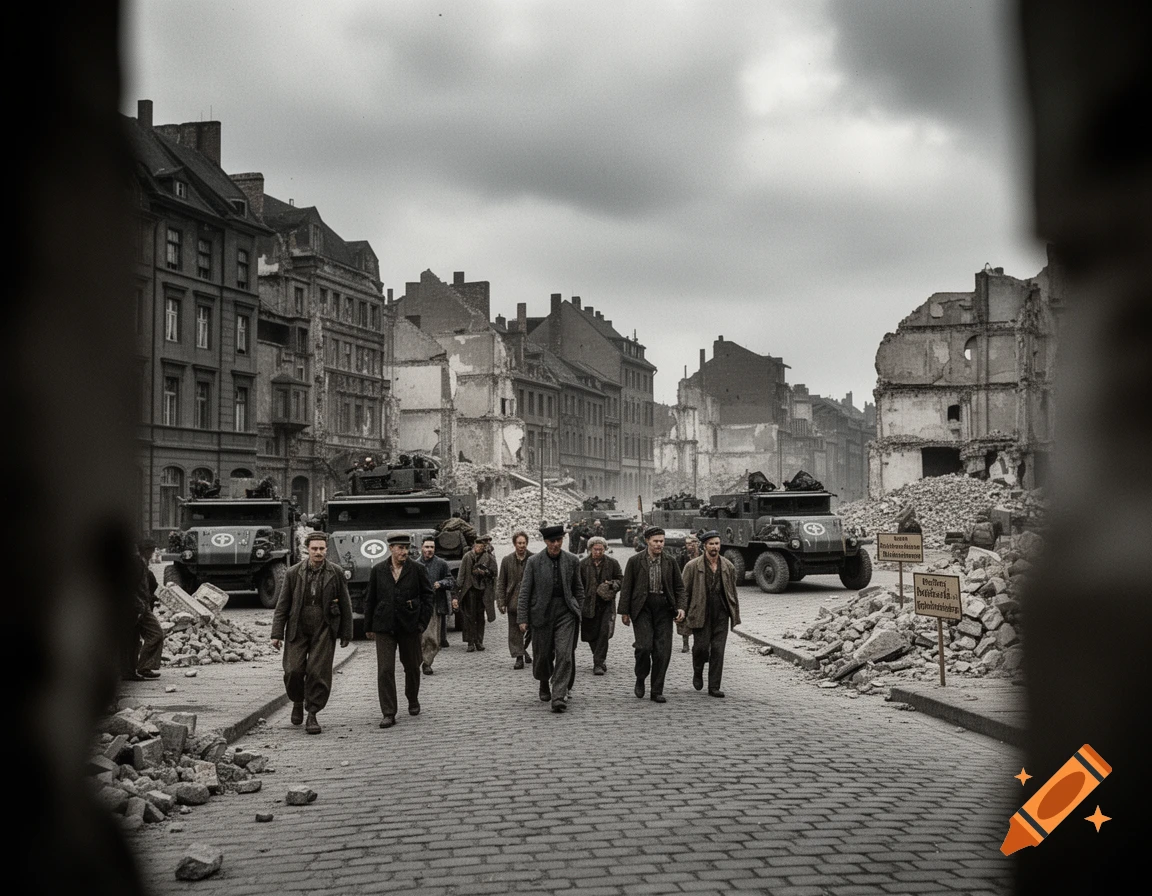 Monochromatic photograph of people walking down a cobblestone street through a devastated city after World War II, with military vehicles in the background.