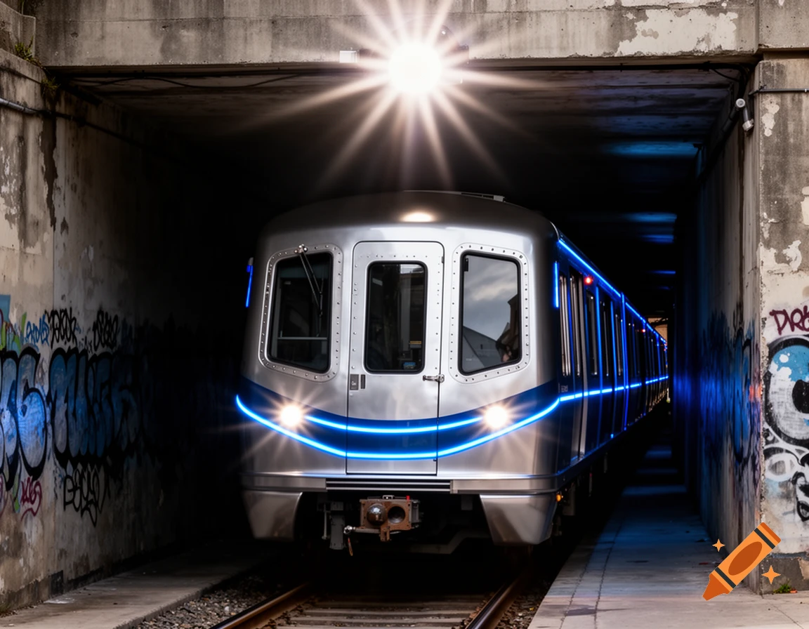 A silver light rail train with blue lights emerges from a dark, graffiti-covered tunnel with a bright starburst light.