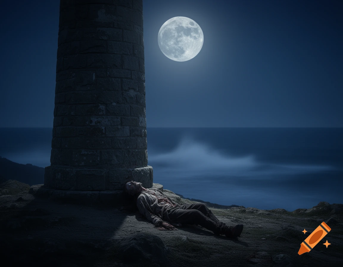 A deceased person lies at the base of a stone lighthouse on a cliff overlooking the sea under a bright full moon at night.