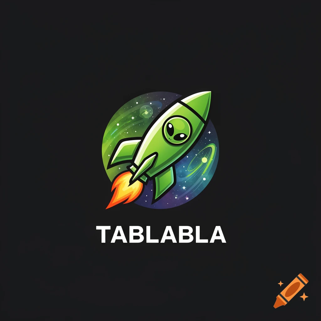 Cartoon green rocket with an alien face and orange flames blasting off in a starry galaxy, with the white text 'TABLABLA' below.