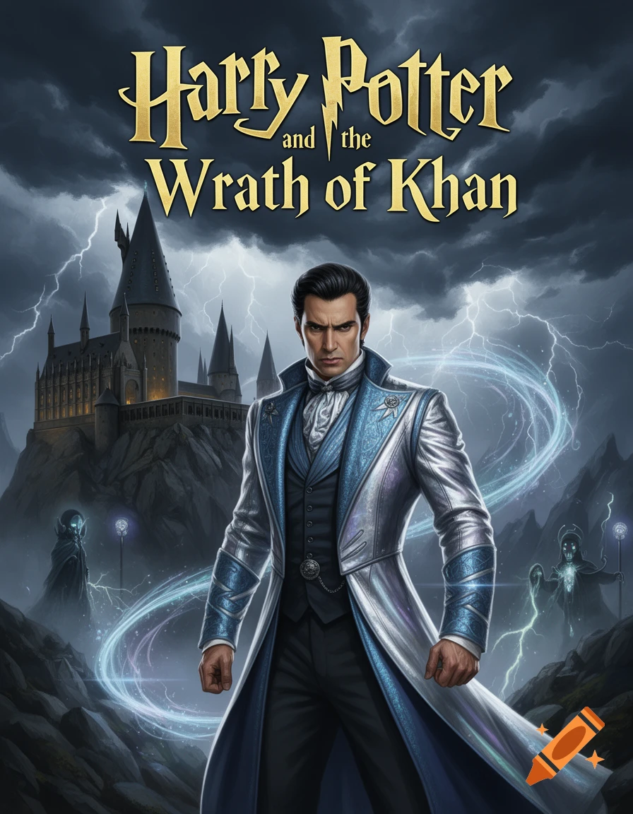 Dramatic book cover art: A stern man in a silver-blue coat, a castle, and stormy sky with lightning. Title 'Harry Potter and the Wrath of Khan'.