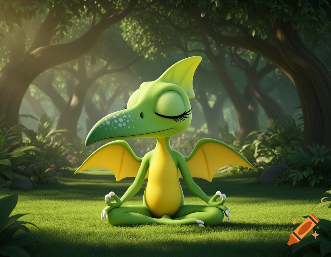 A 3D CGI cartoon green pteranodon with yellow wings and tummy meditates in a lush green forest clearing.