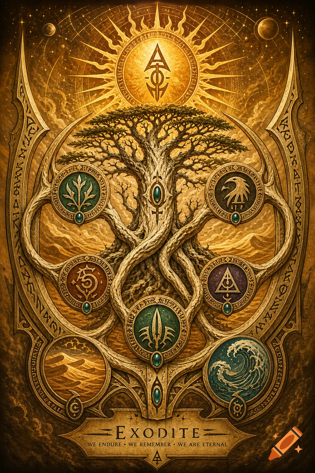 An ornate golden emblem features a gnarled tree of life, surrounded by symbols and a radiant sun. A banner at the bottom reads 'EXODITE' and a spiritual slogan.