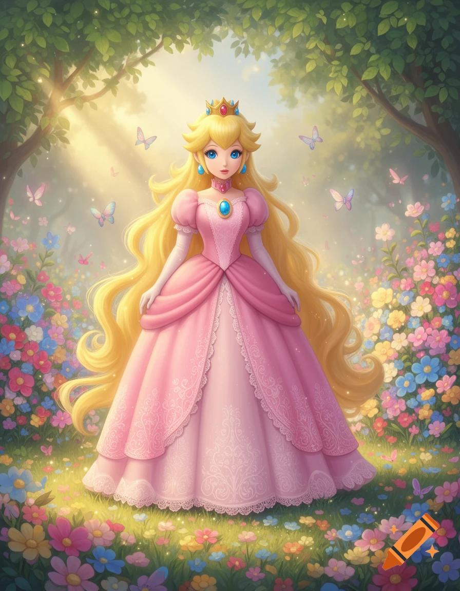 Anime style Princess Peach with long blonde hair standing in a vibrant, enchanted garden with colorful flowers and butterflies.
