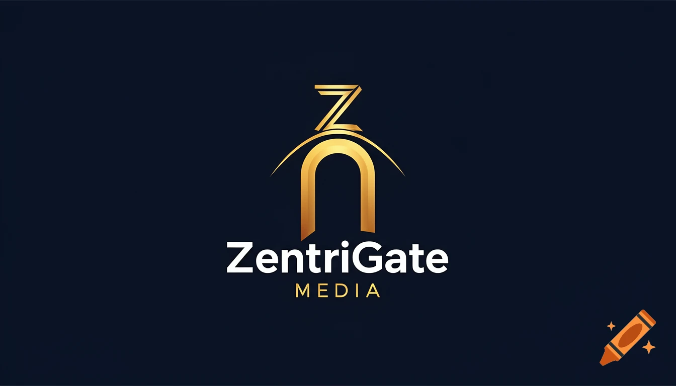 Gold stylized Z and arch logo for ZentriGate Media on a dark navy background.