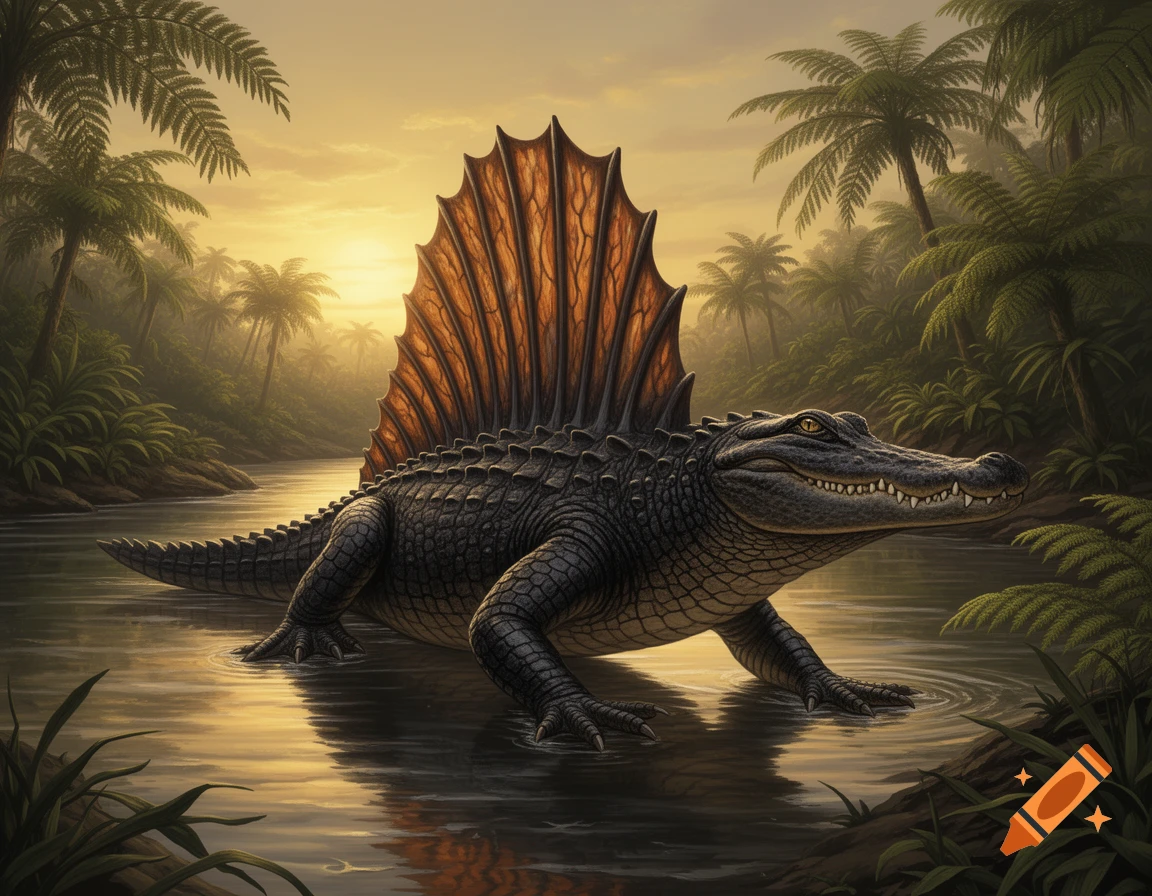 A detailed illustration of a Spinosaurus-like creature with a large dorsal sail, standing in a river amidst palm trees at sunset.