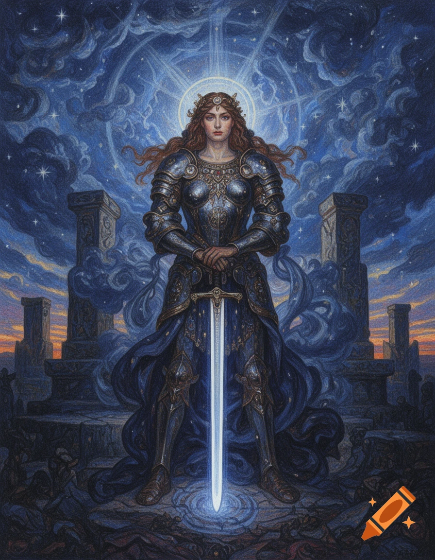 Female warrior in blue and silver armor holds a glowing sword, standing among ruins under a star-filled sky, classical painting style.