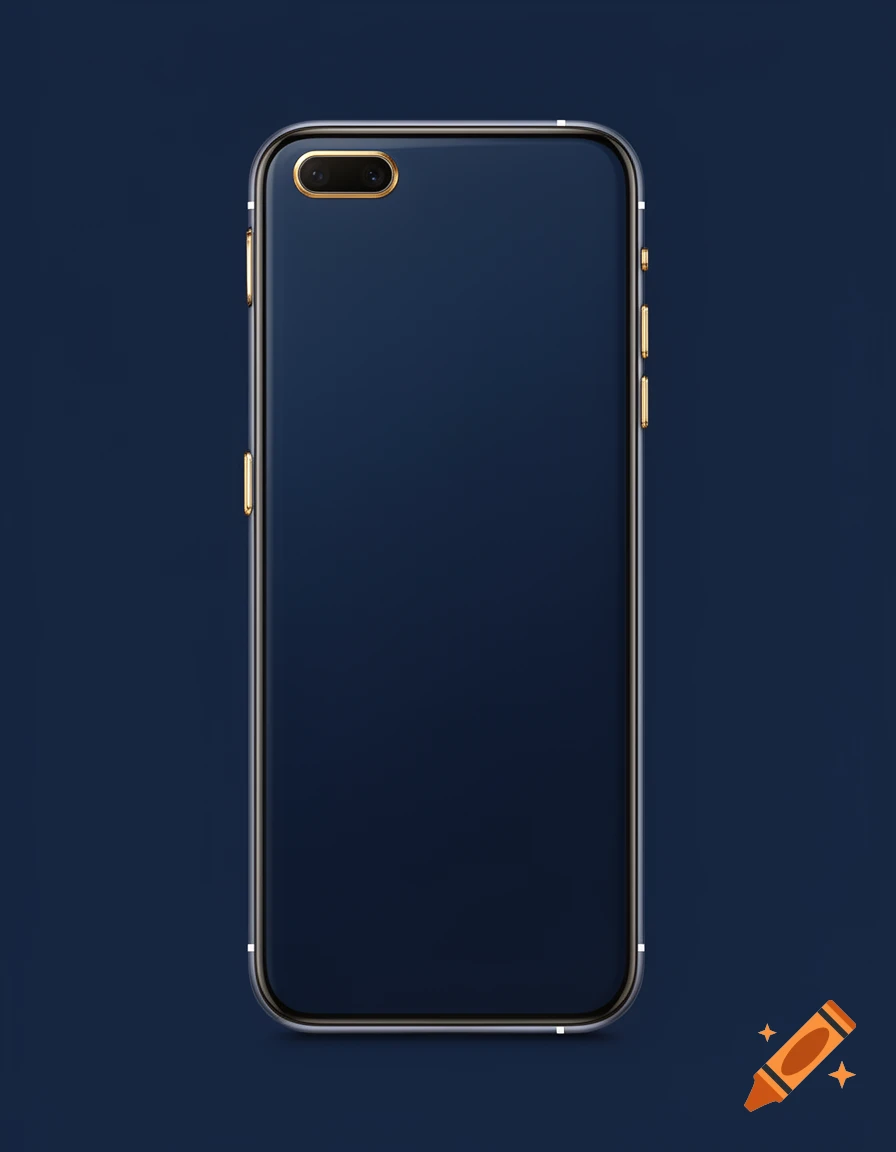 A sleek dark blue smartphone with gold accents around the camera and side buttons, against a deep blue background.