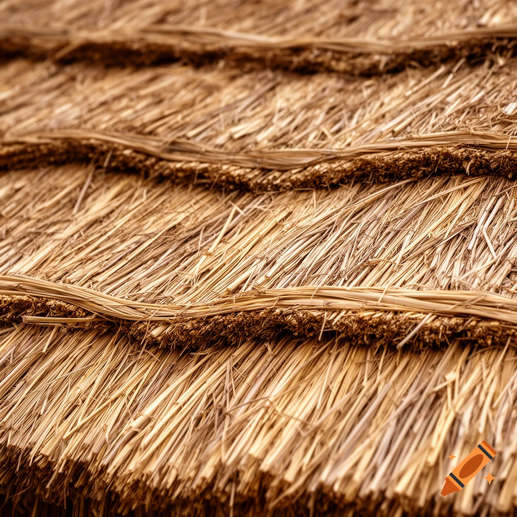 Close-up photorealistic view of a traditional thatched roof with layers of golden straw.