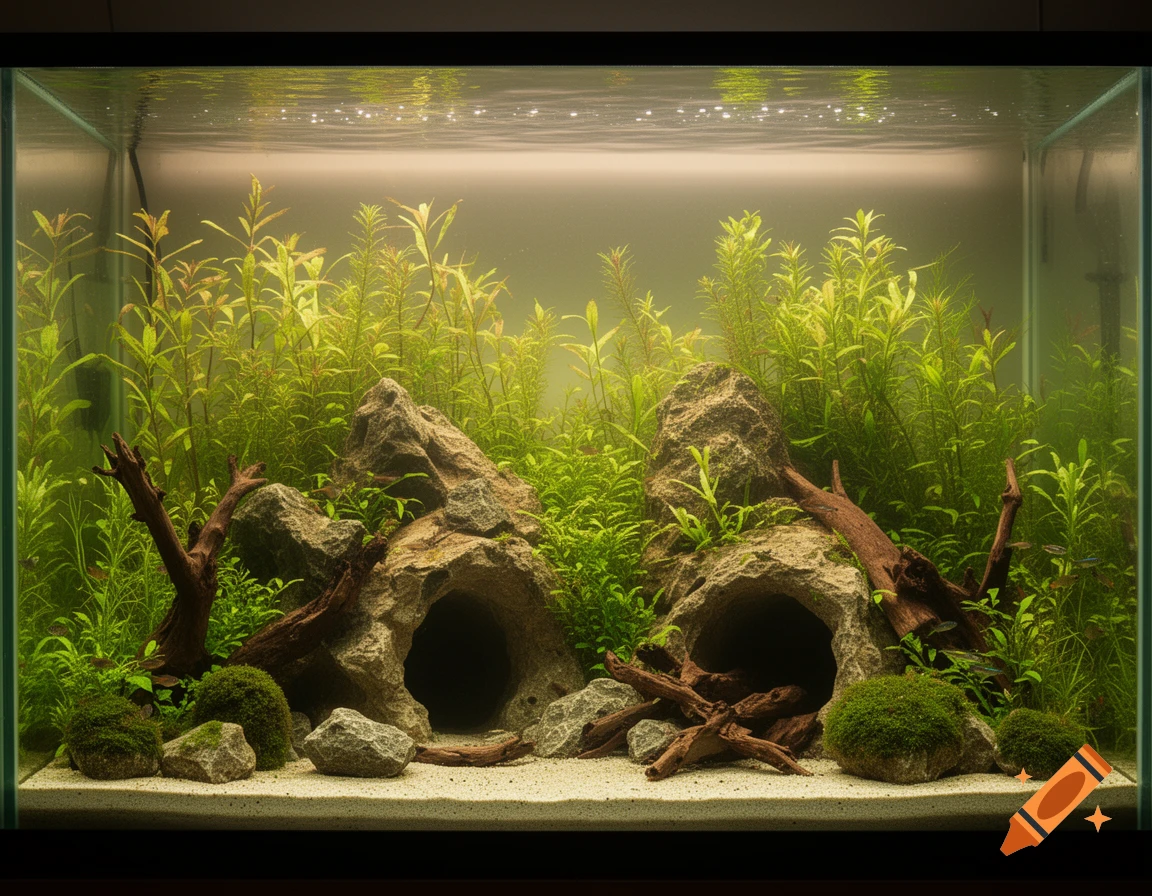 A detailed aquascape with lush green aquatic plants, rocks, cave-like structures, and driftwood on a sandy substrate.