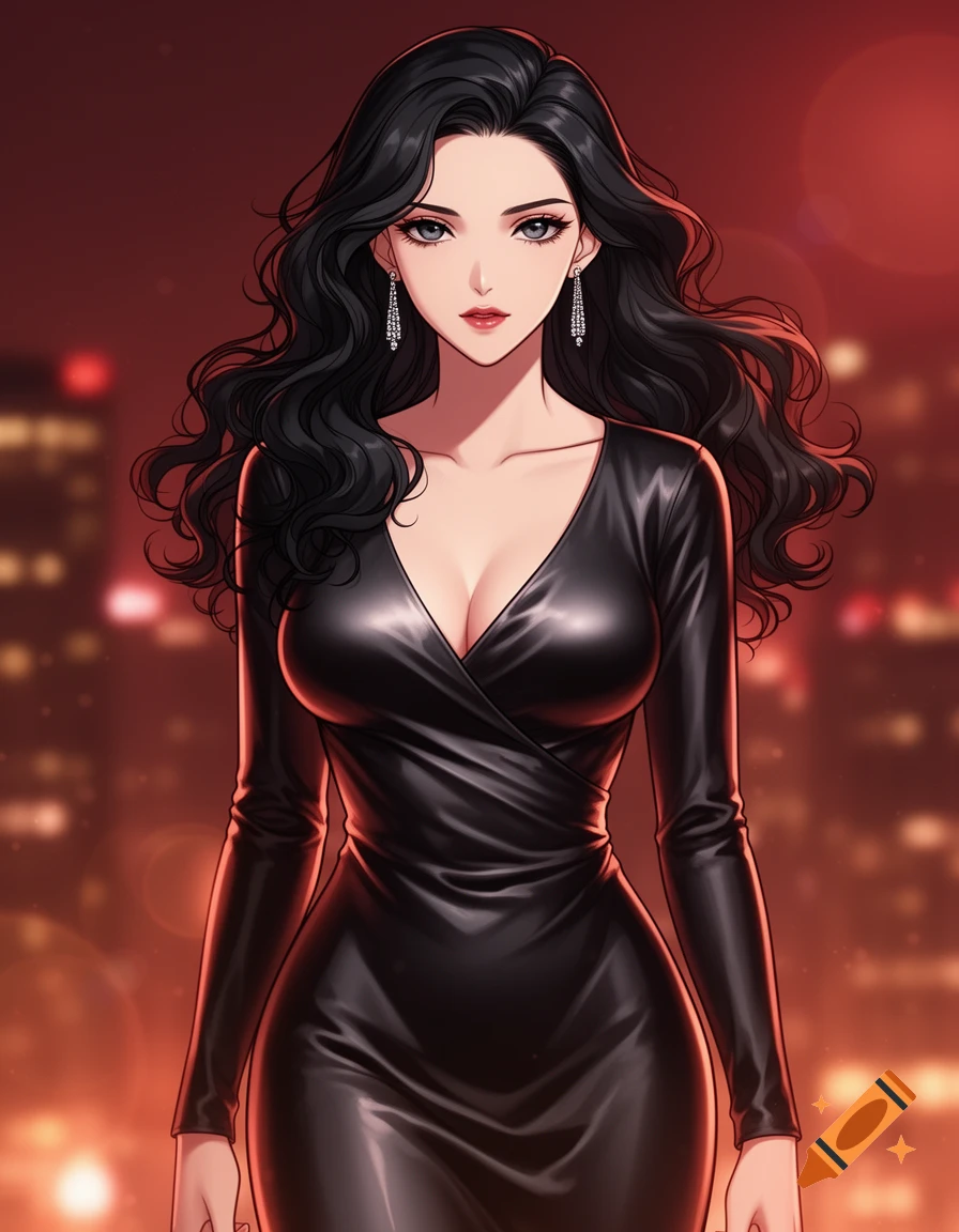 Anime woman with long black wavy hair, wearing a form-fitting black leather dress and long dangling earrings, against a blurry city lights background.