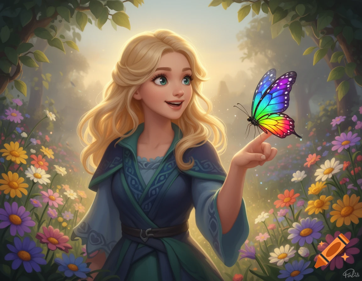 A smiling blonde woman in a fantasy forest, holding a vibrant rainbow butterfly on her finger amidst colorful flowers.