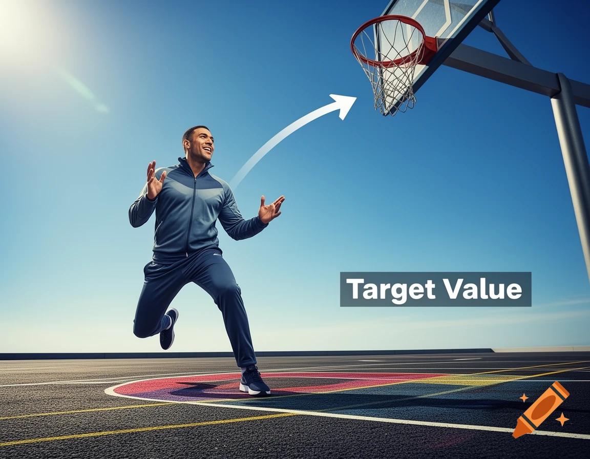 A man in athletic wear runs on a basketball court, gesturing towards a hoop with an arrow and 'Target Value' text.