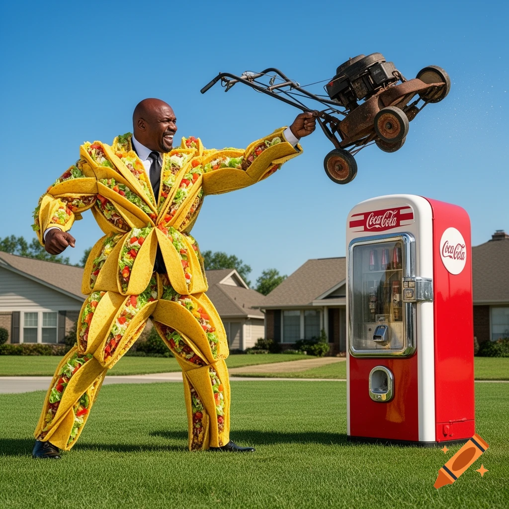Terry Crews in a taco suit throwing a lawnmower at a red Coca-Cola vending machine on a lawn, photorealistic style.