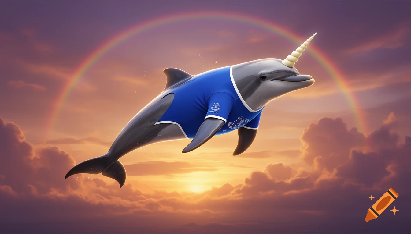 A photorealistic dolphin with a unicorn horn, wearing a royal blue Everton FC football shirt, soars through a dramatic golden hour sunset sky with a rainbow in the background.