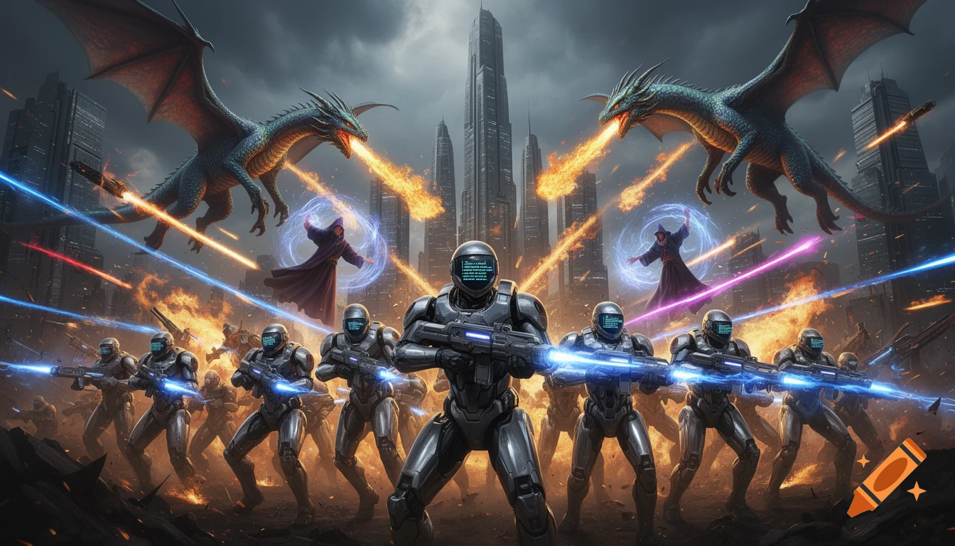 Futuristic soldiers with glowing rifles and wizards casting spells battle two fire-breathing dragons in a devastated city.