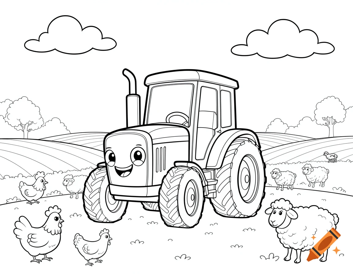 A black and white coloring page featuring a smiling cartoon tractor with chickens and sheep in a farm field.