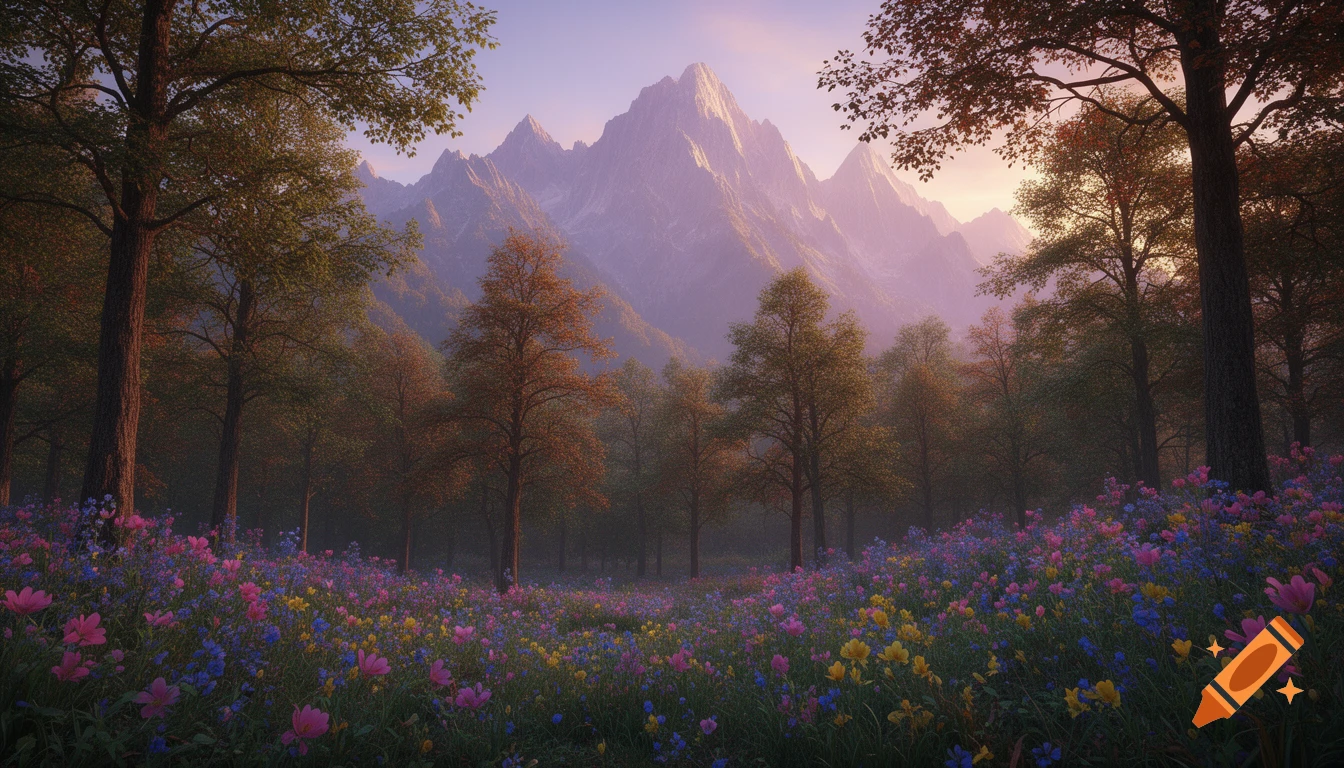A vibrant field of wild flowers in pink, blue, and yellow with a peaceful forest leading to tall, sunlit mountains at sunrise.