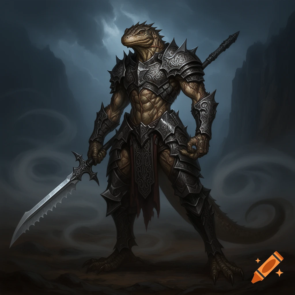 A formidable lizard-man warrior in ornate dark armor holds a spiky guandao, standing against a stormy, dark background. Fantasy illustration.
