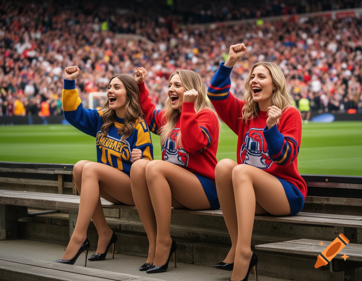 Three photorealistic women in colorful sweaters, sheer pantyhose, and high heels cheer excitedly from stadium stands at a football game.