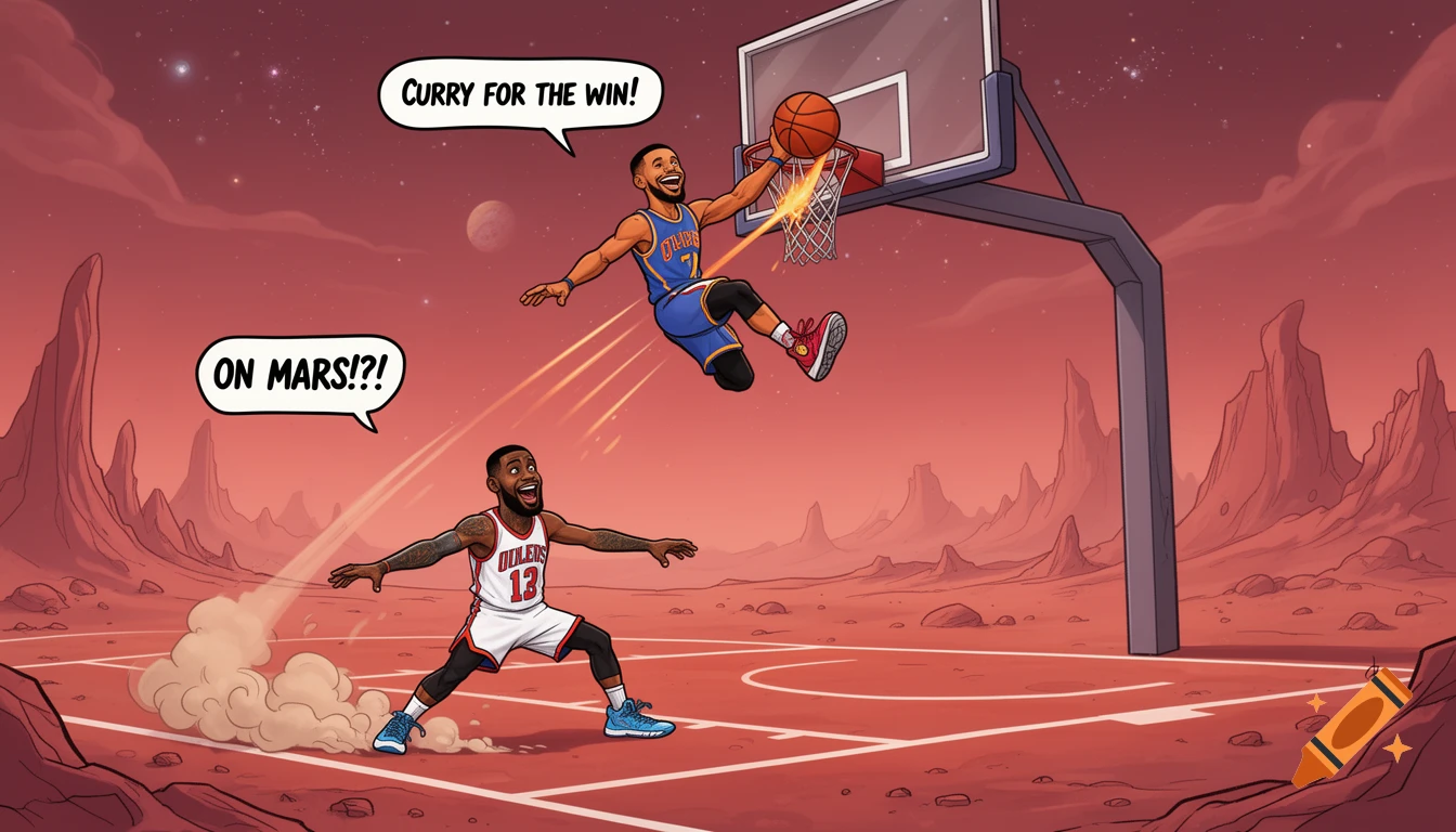 Cartoon Stephen Curry dunks a basketball over LeBron James on a Martian court with red rock formations.