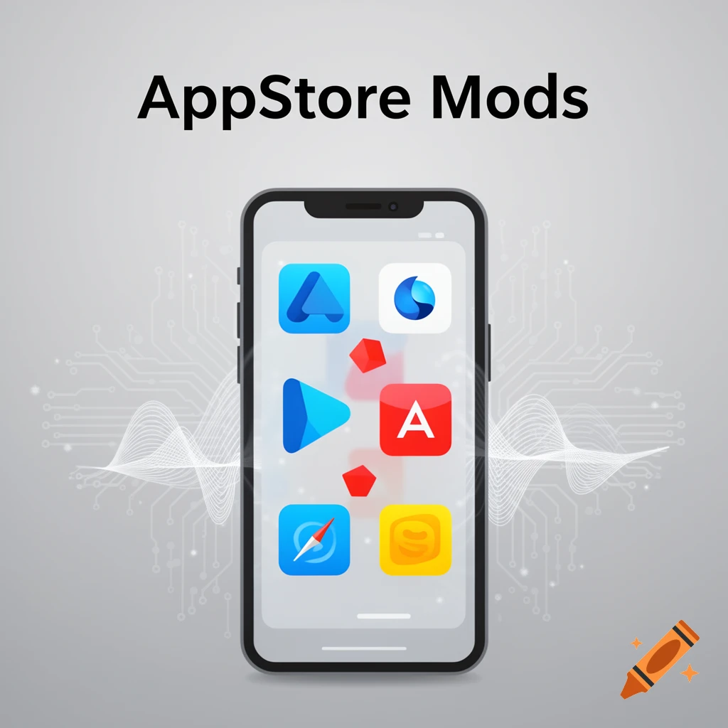 A smartphone displays generic app icons, with 'AppStore Mods' text above and a circuit board pattern in the background.