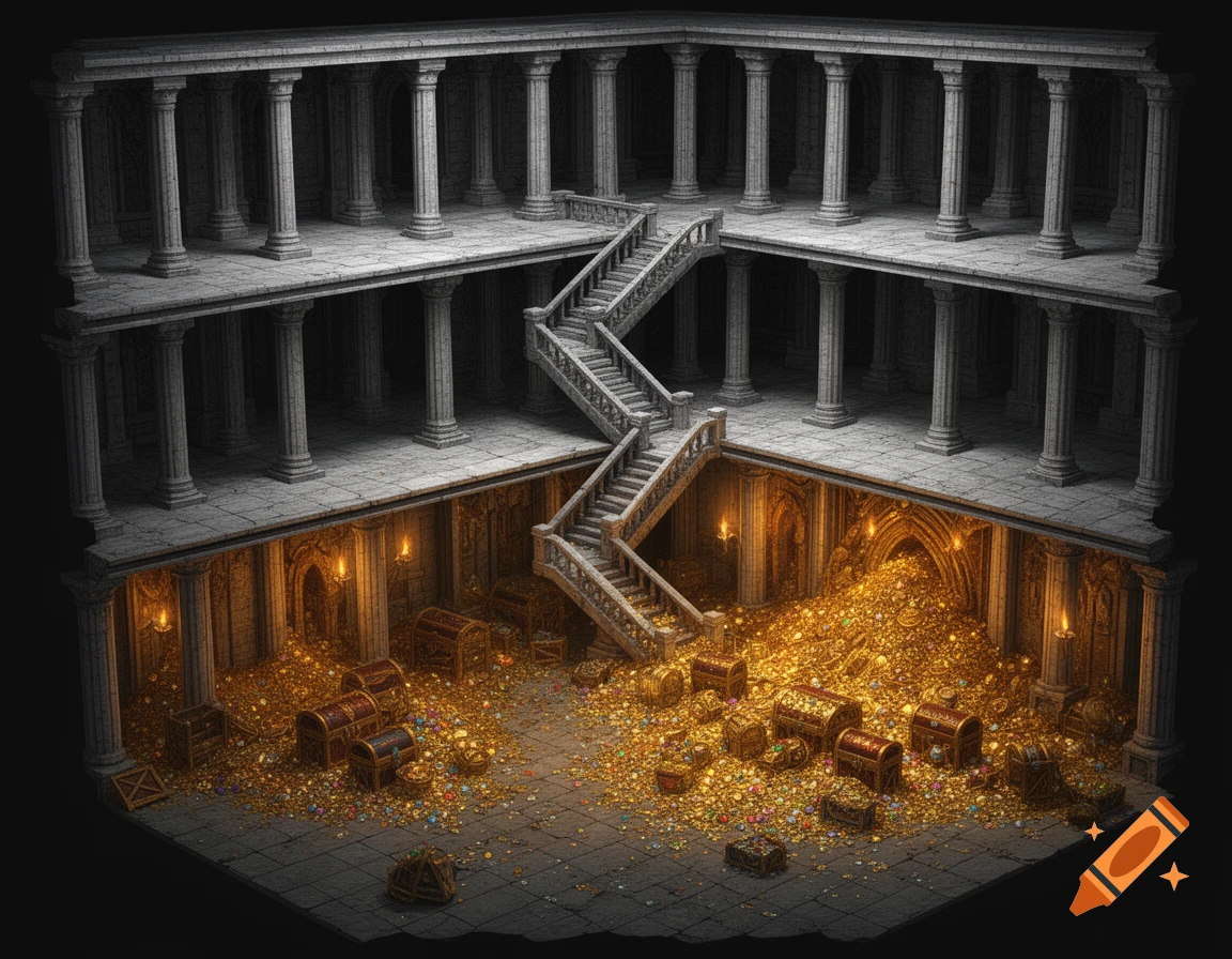 Isometric fantasy battlemap with four levels: three austere columned floors above a glowing treasure hoard filled with gold and chests.