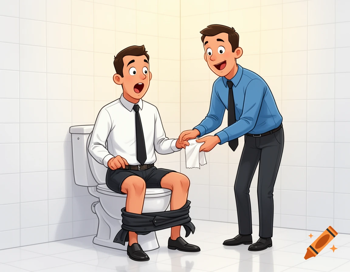 Two cartoon businessmen in a white-tiled bathroom, one sitting on a toilet with pants down, receiving toilet paper from the other.