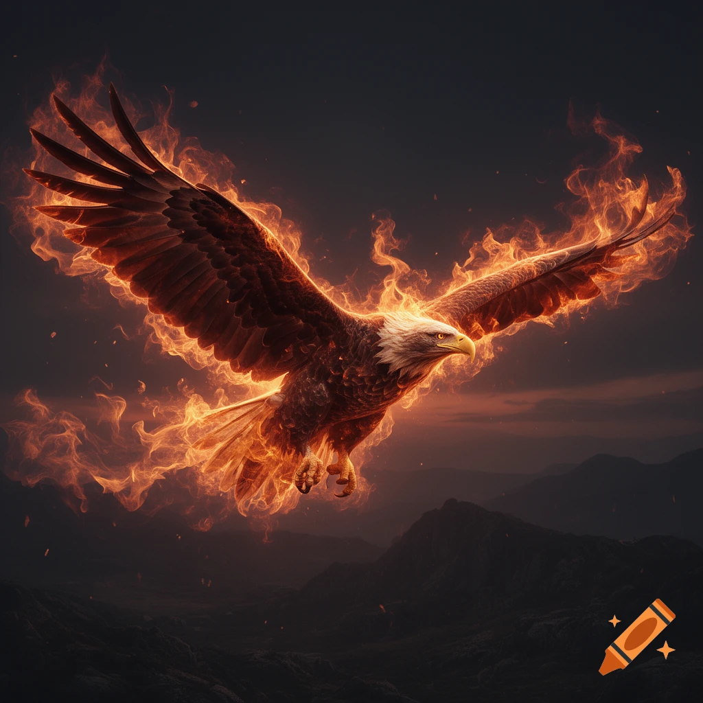 A majestic bald eagle, engulfed in bright orange and red flames, soars through a dark, cloudy sky above mountains.