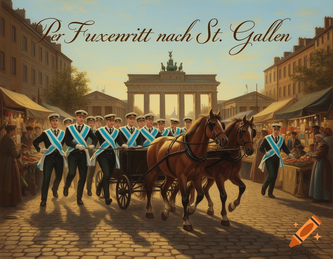 Painting of men in blue and white uniforms pulling a horse-drawn carriage through a market street with the Brandenburg Gate in the background. Text reads "Per Fuxenritt nach St. Gallen".