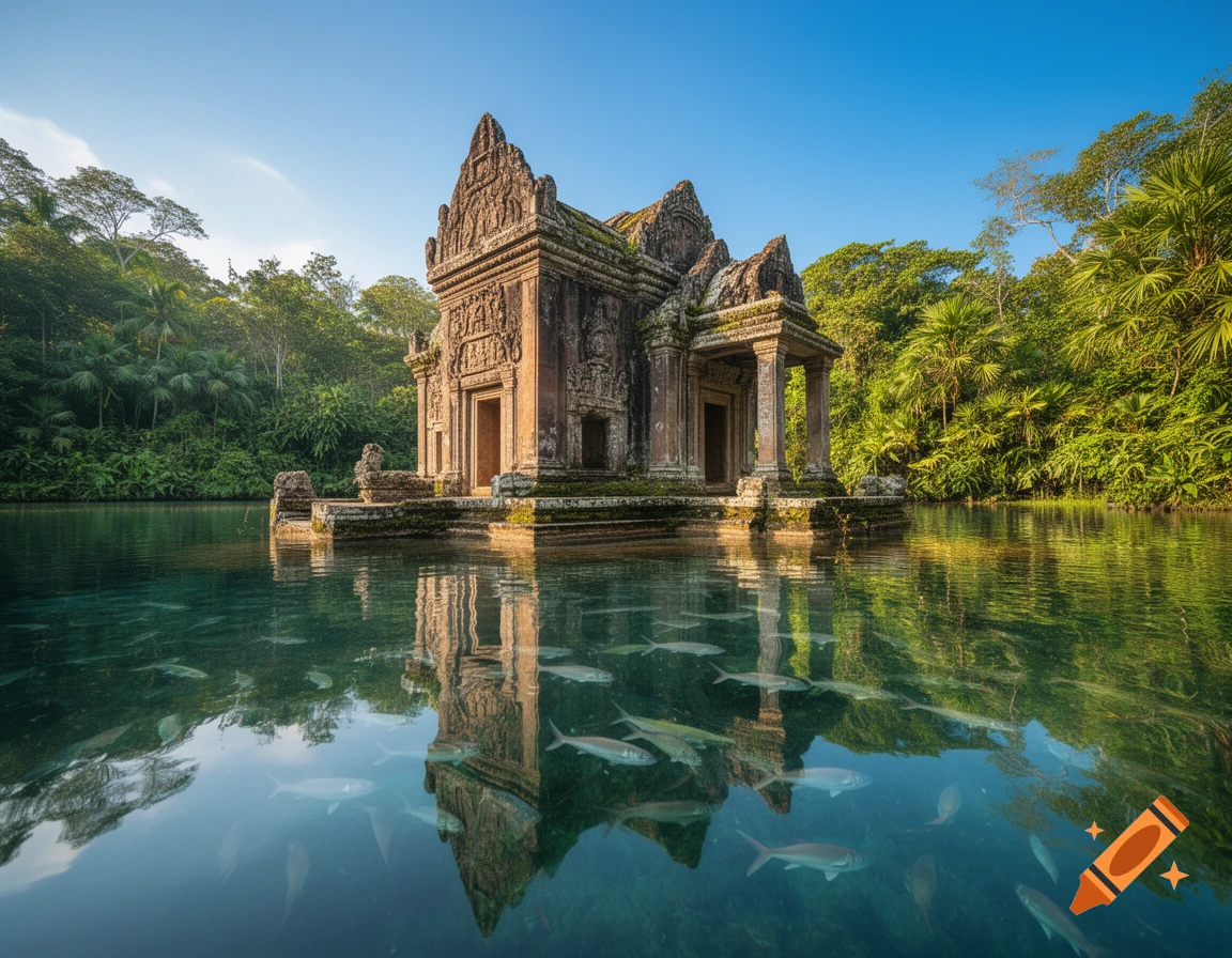 Ancient stone temple partially submerged in clear water with fish, surrounded by lush jungle under a blue sky, photorealistic.