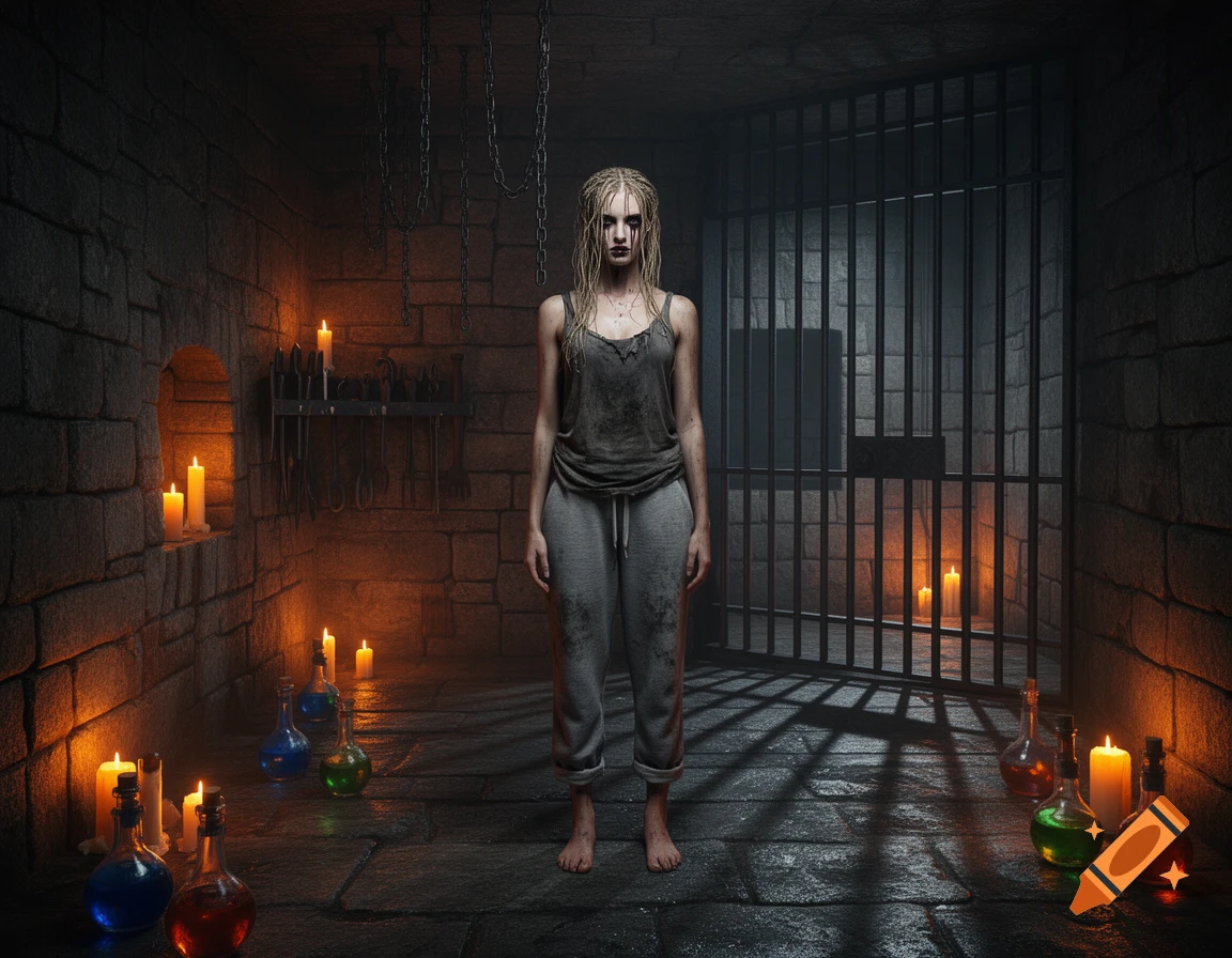 Photorealistic image of a grime goth woman standing barefoot in a candlelit haunted dungeon with potion bottles, chains, and cell bars.