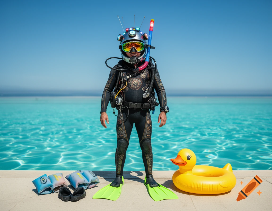 A person in an elaborate, futuristic diving suit with a helmet and flippers stands by a bright blue pool with a large inflatable rubber duck, armbands, and sandals nearby.